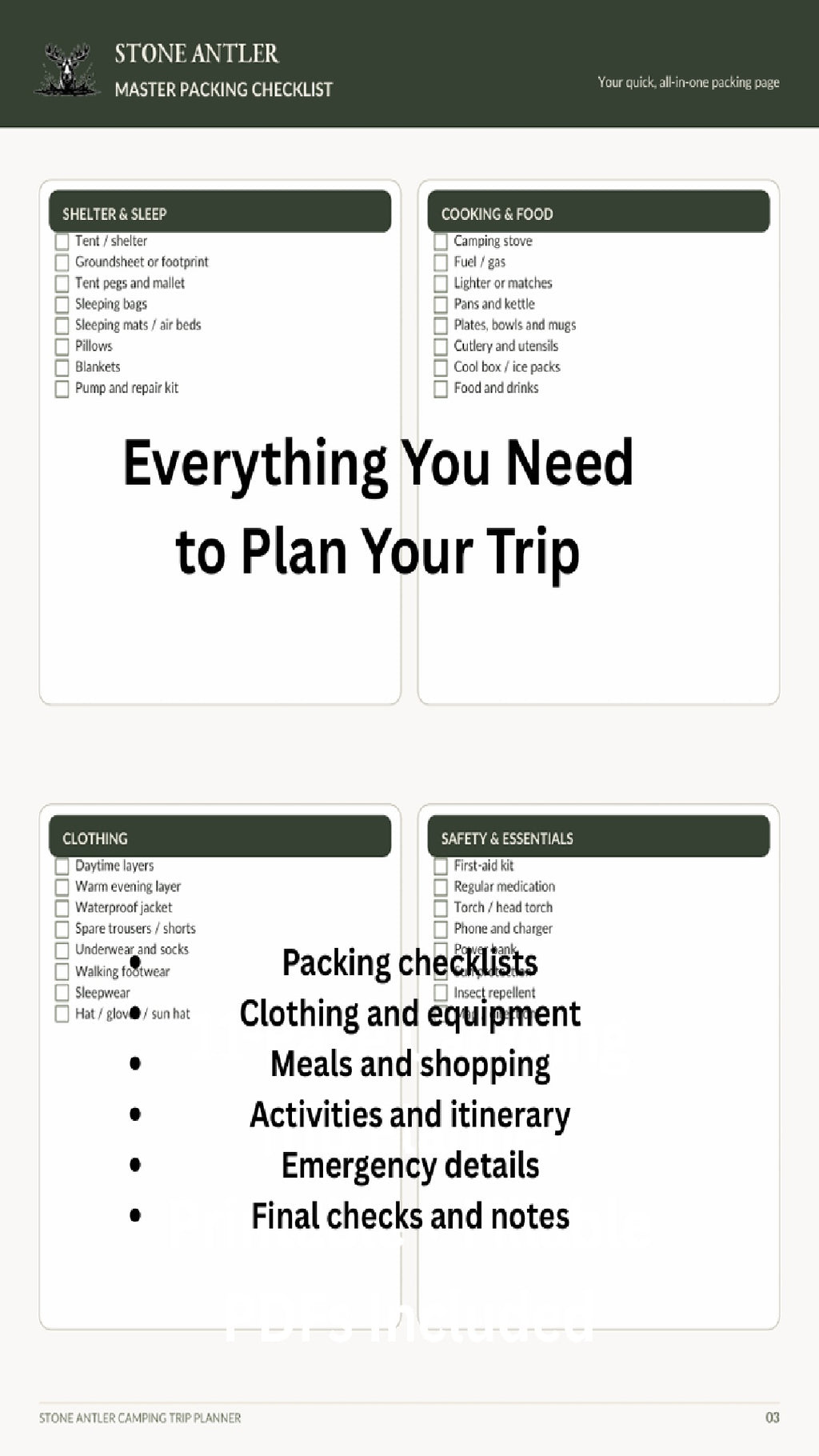 Stone Antler Camping Trip Planner & Packing Checklist – Printable PDF