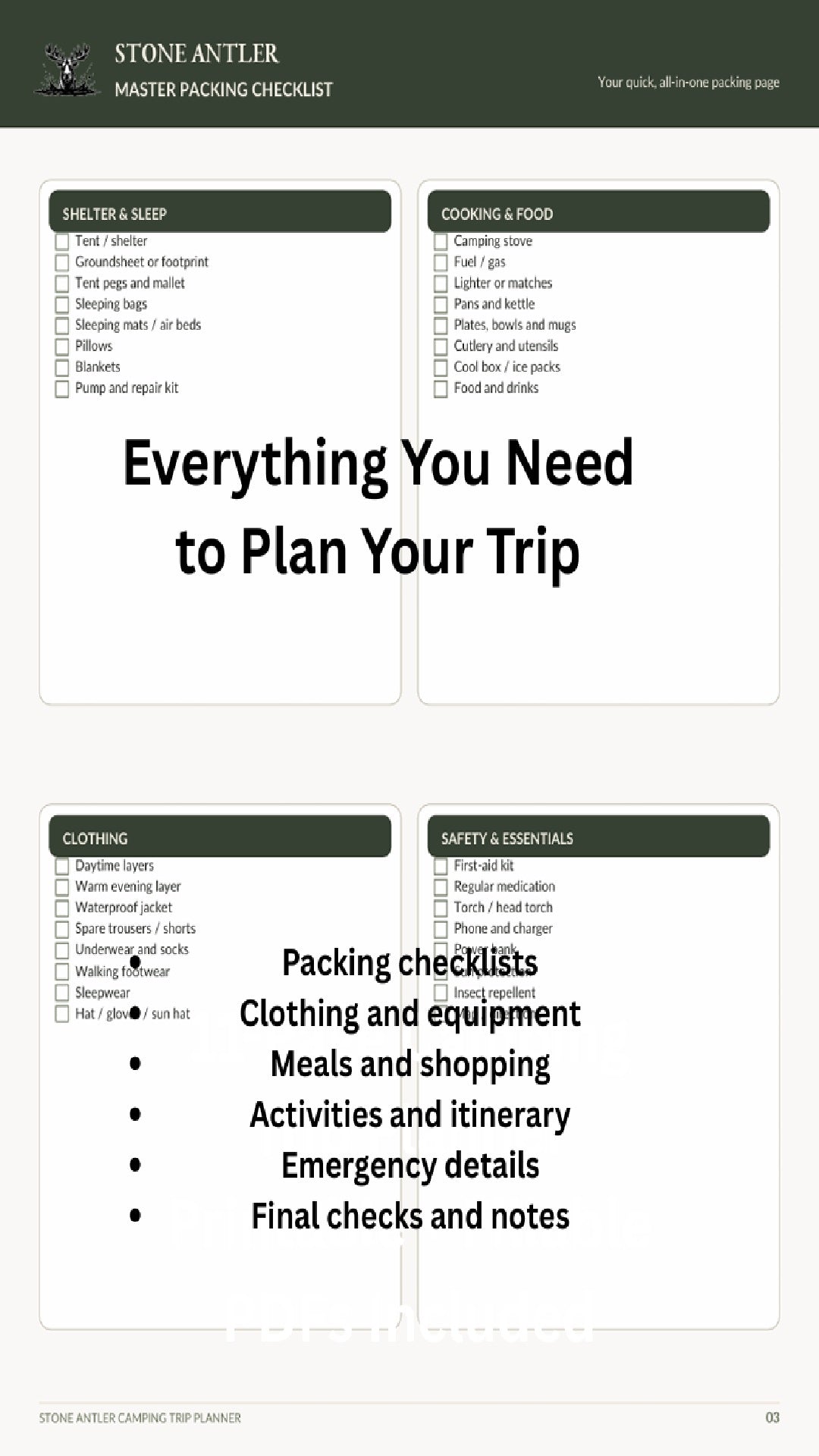 Stone Antler Camping Trip Planner & Packing Checklist – Printable PDF